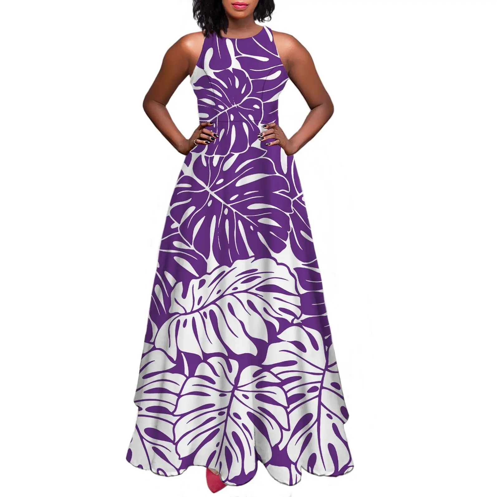 Purple Monstera Leaf Maxi Dress O-Neck Sleeveless Bohemian Floral Dress with Pockets Lady Casual A-Line Summer Dresses in Bulk