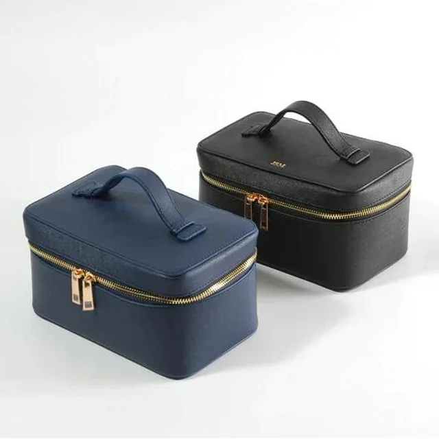 Ladies saffiano leather travel toiletry case portable handle makeup vanity box dopp kit cosmetic bag