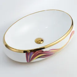 Bathroom Lavabo Golden Sink Wastafel Kamar Mandi Gold Luxury Hotel Vanity Basin Ceramic Art Wash Basin Countertop Vessel Sink