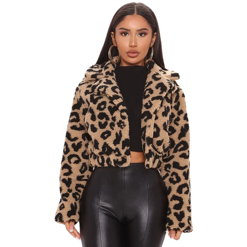 High quality button closure lapel collar short sexy cheetah print jacket plus size women winter sherpa coat