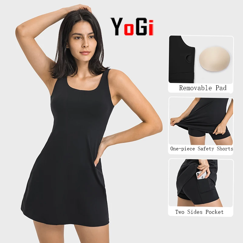 Wholesale Young Girls New Design Sportswear Gym Fitness Women One Piece Black Tennis Clothes Shirt Dress With Pocket Bra Shorts