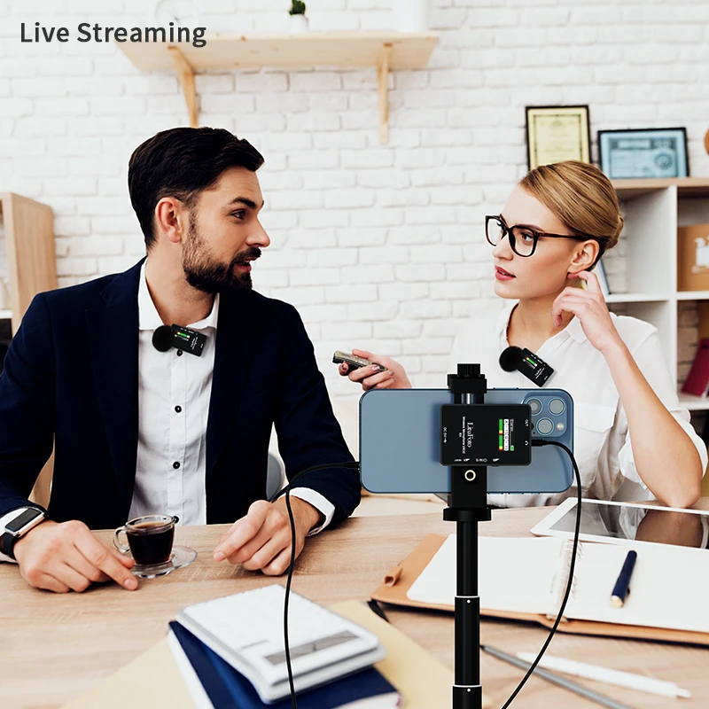 2.4G Wireless Lavalier Microphone Noise Cancelling Microphone Kit 2 Transmitters with 1 Receiver for Live Camera Phone Recording