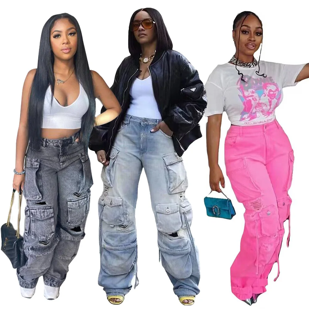 Baggy Denim Multi Pockets High Waist Cargo Jeans Y2k Streetwear Fashion 2023 Women Autumn Clothes Trousers Denim Wide Leg Pants