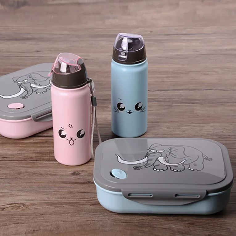 New arrival kid children cartoon design plastic Lunch box with water bottle Set and spoon safe plastic food container