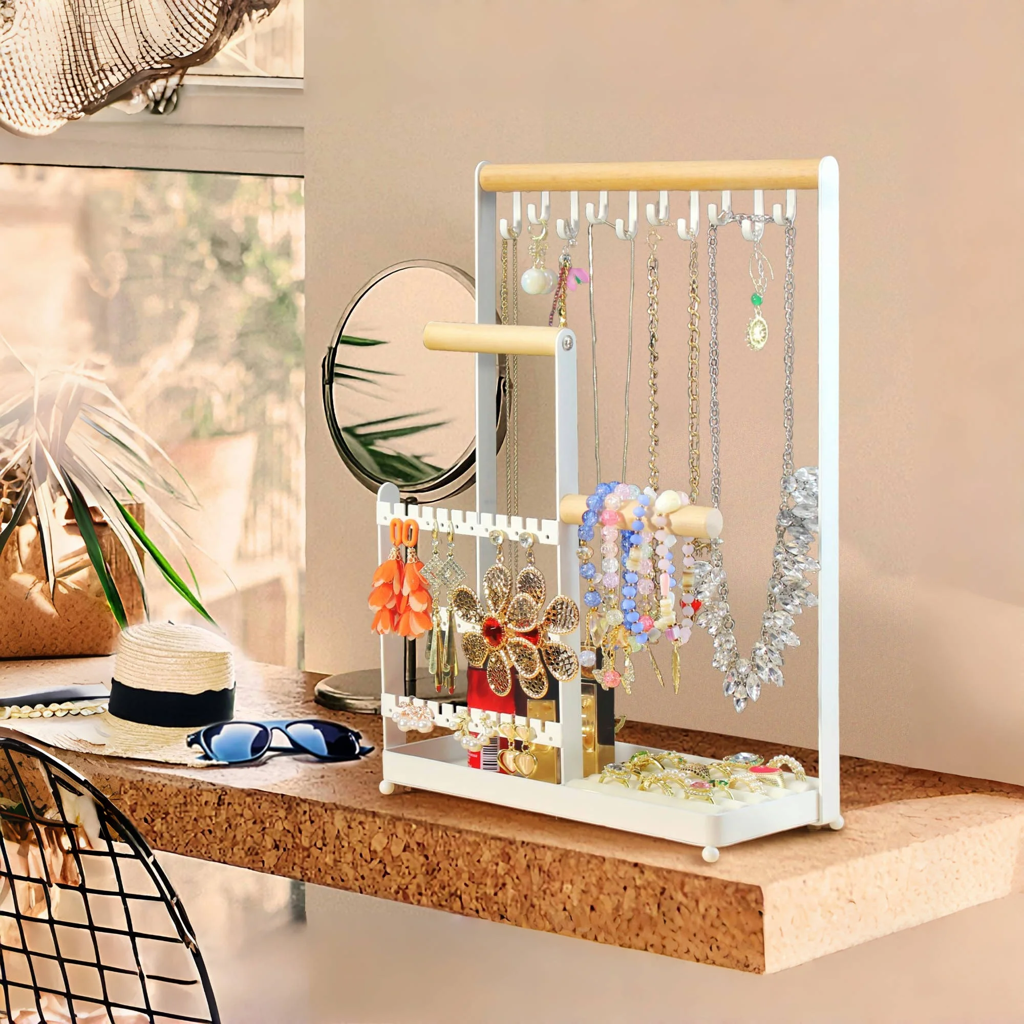 Jewelry Holder Necklace Hanging Stand Velvet Ring Organizer Earring Tray  Hooks Storage Rack