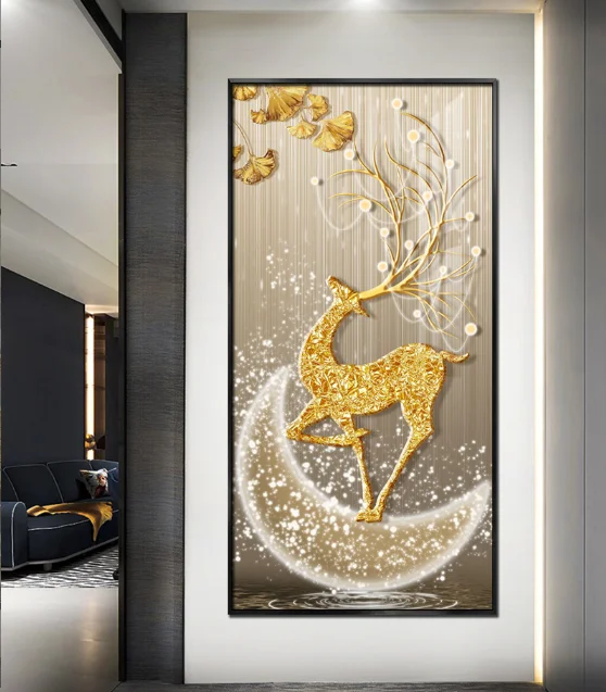Custom wholesale luxury home Living Room Porch Decor Large Size deer Crystal Porcelain Painting Wall Art Diamond Framed Painting