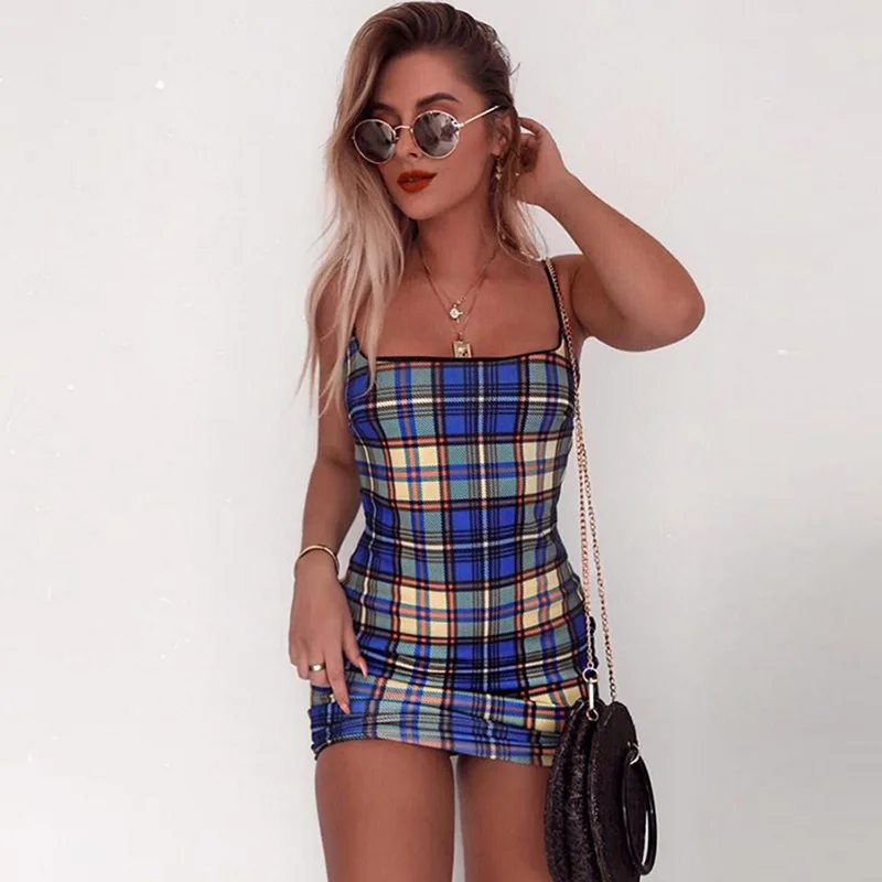 New Arrivals Summer Cute Party Club Women Casual Backless Shoulder Strap Patchwork Gingham Mini Dress