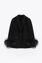 Spring Summer New In Coats And Jackets Vintage Long Sleeve Women Blazers Oversize Pink Ostrich Feather Cuff Blazer