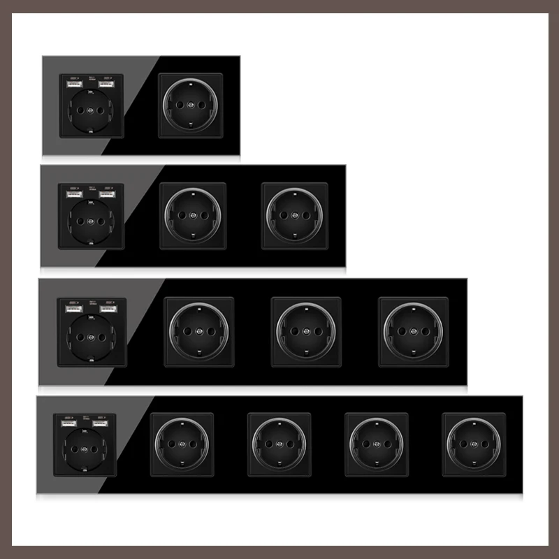 German black crystal tempered glass double triple 16A wall socket, three four five connected electrical socket, USB eu socket
