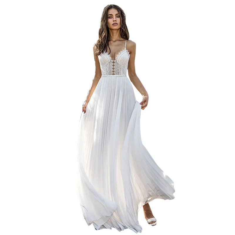 Женское платье в европейском и американском стиле, сексуальное кружевное шифоновое платье с глубоким v-образным вырезом, Прямая поставка