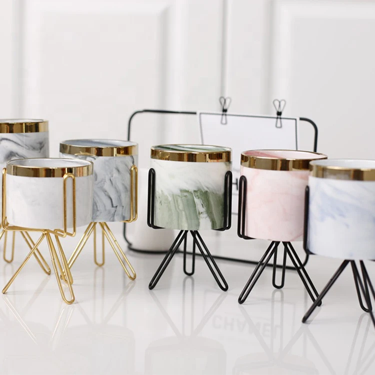 Wholesale cylinder customizable cheap price wedding decorative marble unique ceramic luxury candle jars with iron rack