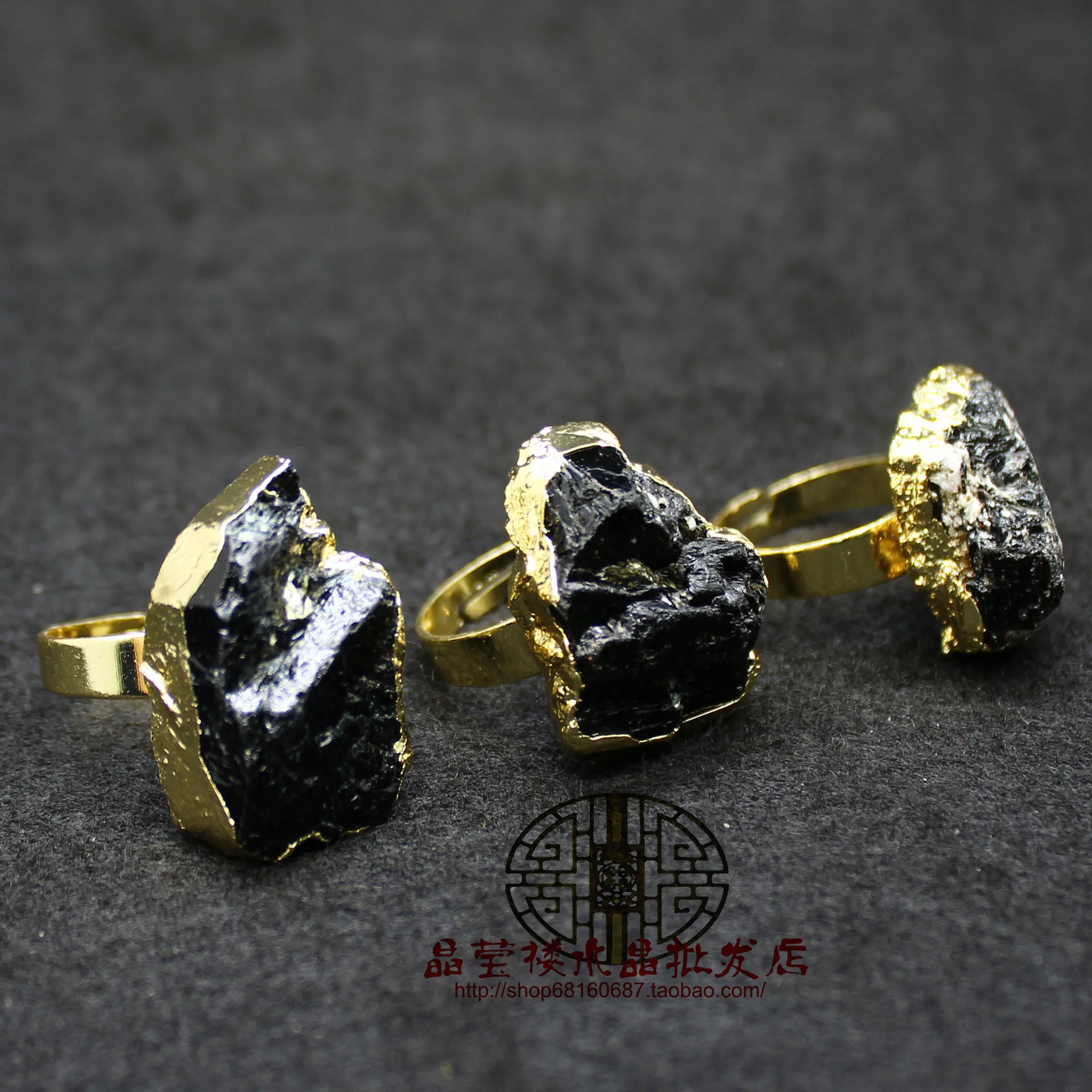 Nepal Rough Stone Black Tourmaline Open Ring 24k Gold Tourmaline Fashion Ladies Ring