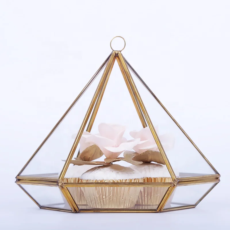 hanging gold transparent trinket ring Clear Glass Jewelry Box terrarium Copper metal decorative pyramid for wedding storage