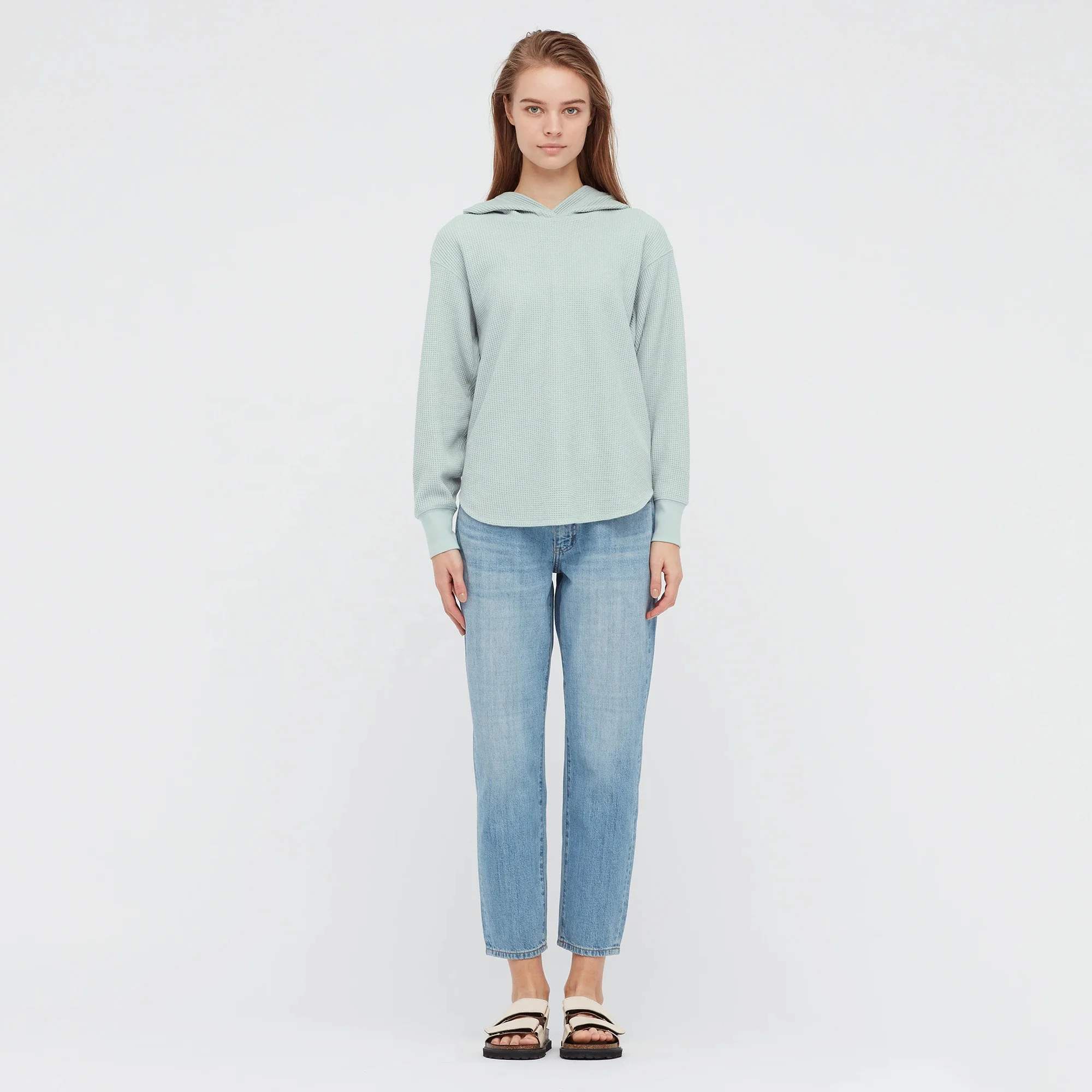 Customized Logo Drop Shoulder Casual Waffle Knit Hooded Sweatshirt Curved Hem Long Sleeve Plain Women Waffle Pullover