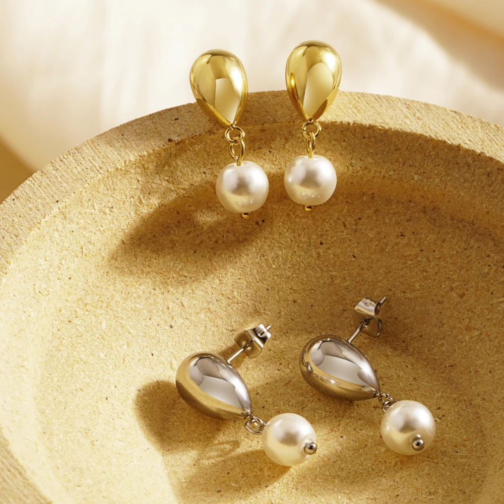 New Style Gold Silver Pearl Jewelry Earrings Stainless Steel Earrings Pearl Drop Dangle Earrings