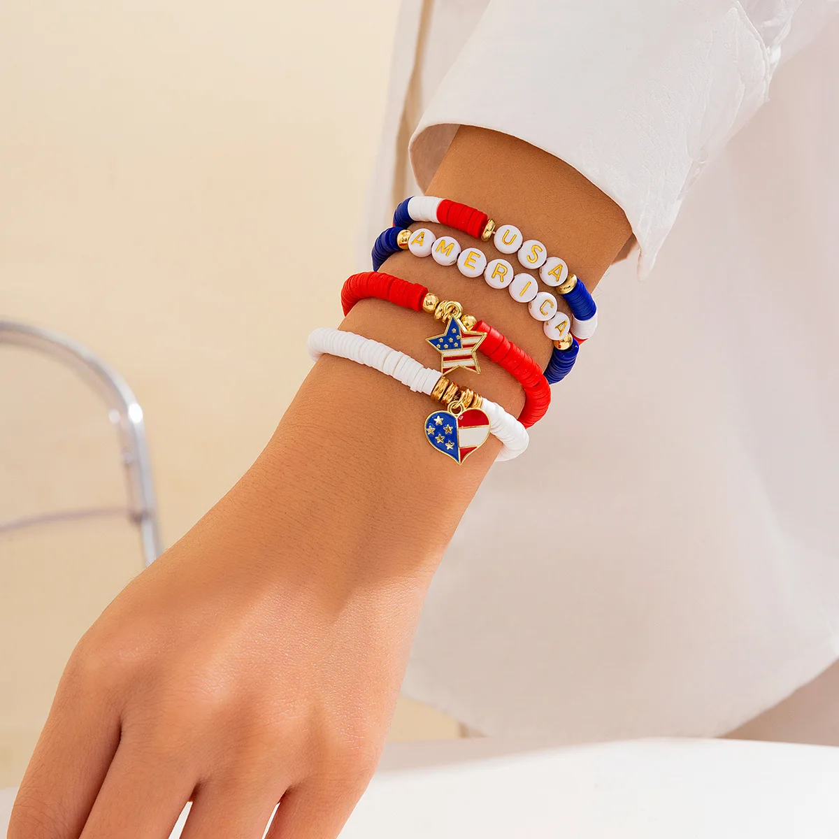 Custom USA Independence Patriotic Day American Flag Bracelets With Charms 4th of July Clay Beaded Friendship Bracelets