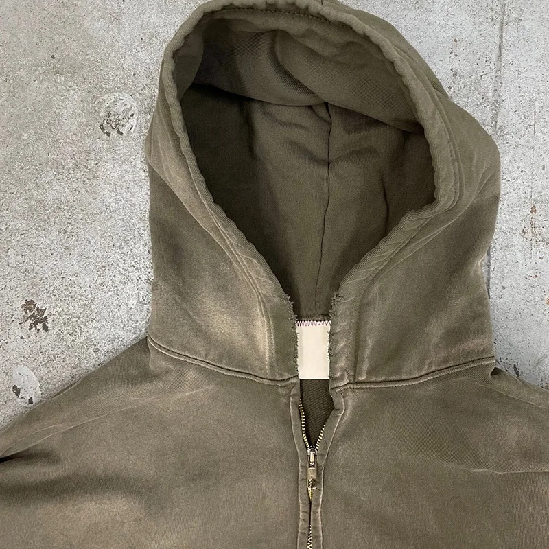 Manufacturer custom streetwear boxy Hoodie Cotton hoddie blank distress Vintage Zip Up stone Acid sun fade wash hoodie unisex