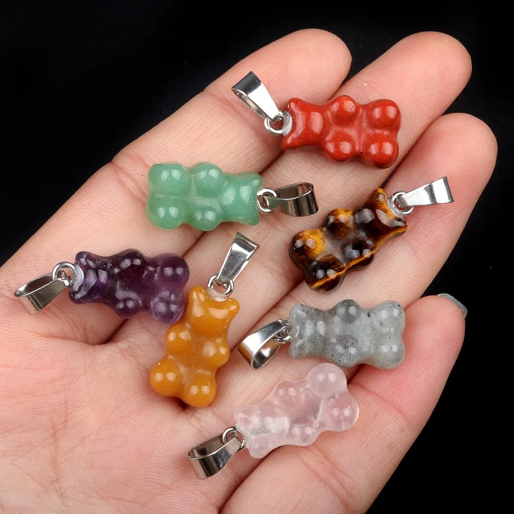 Natural Crystal Cartoon Mini Bear Pendant 10*18mm Tiger Eye Rose Quartz Gemstone Carved Bear Animal Charms For Jewelry Making