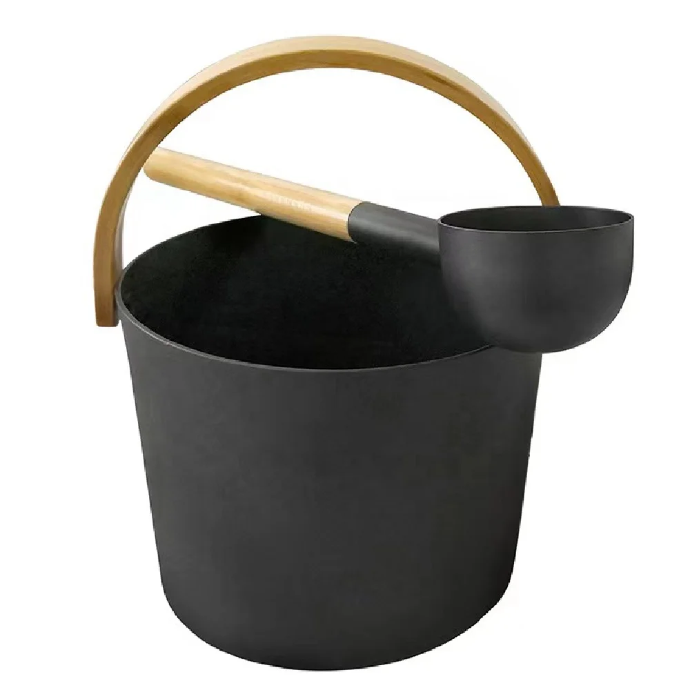 7L Sauna Room Accessories Aluminum  Bucket with Long Wooden Handle Spoon Spa Shower  Bath Kit