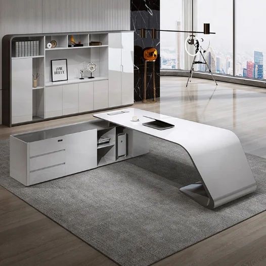 Luxury white MDF glossy CEO ergonomic corner modern high end home executive manager desk with side drawers l-shape office desk