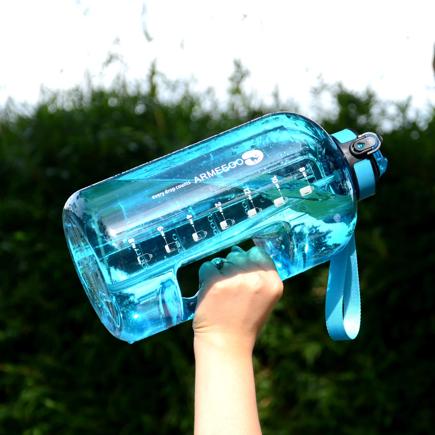 ARMEEGO   Sports Water Bottle with Time Marker,128oz/3.78l BPA Free Tritan Plastic Leakproof Drinking Bottle with Filter&Locking