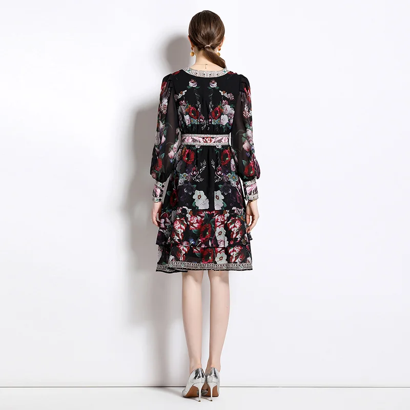 New deep V-neck balloon sleeves wavy print temperament dress QP6659078