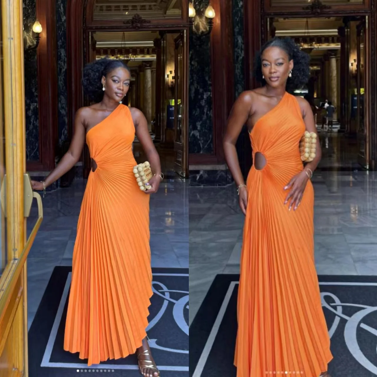 2022 new orange color slash shoulder hollow pleated sexy paty dress