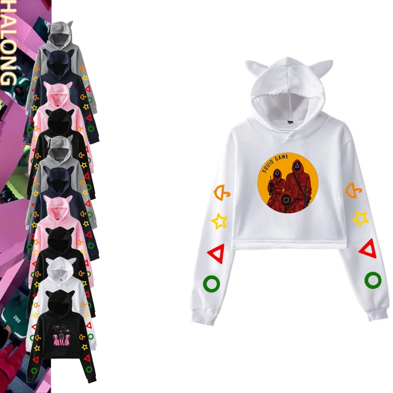 2021 New Squid Game Custom Korean TV Series Logo Pullover Cat Ear Pure Polyester Crop Top Hoodie