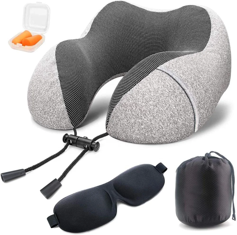 Soft Memory Foam Travel Pillow, Neck Pillow Travel Kit with 3D Contoured Eye Masks Earplugs and Storage Bag