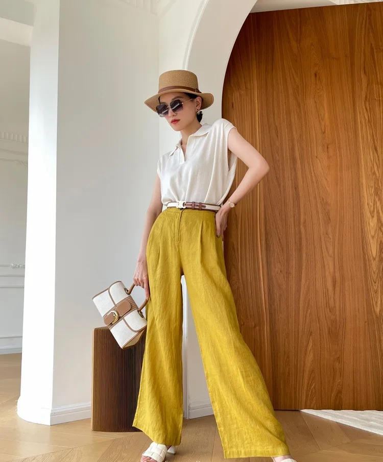 High Waist Wide Leg Long Palazzo Korean New Style Straight Cut Loose  Washed Linen Pants for Women