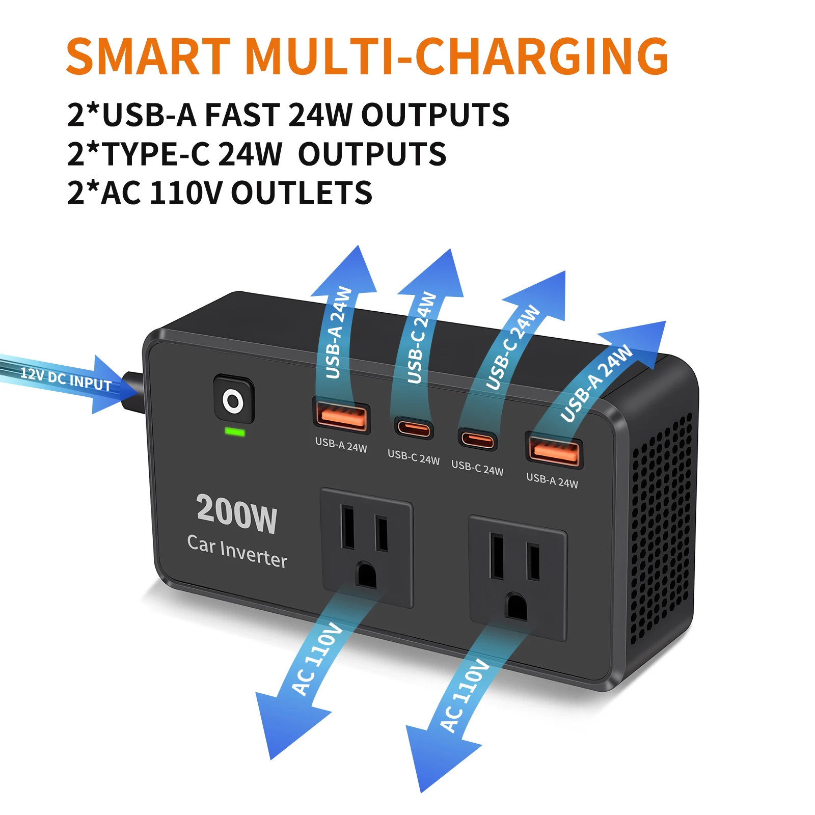 Newly 200W Car Inverter DC 12V to AC 110V Inverter 4 USB Ports Dual Car Power Inverter Adapter With Type C for Vehicles