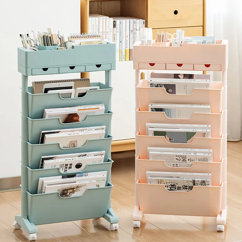 Plastic Movable Storage Rack Bookshelf Stationery Organizer with Wheels for Students