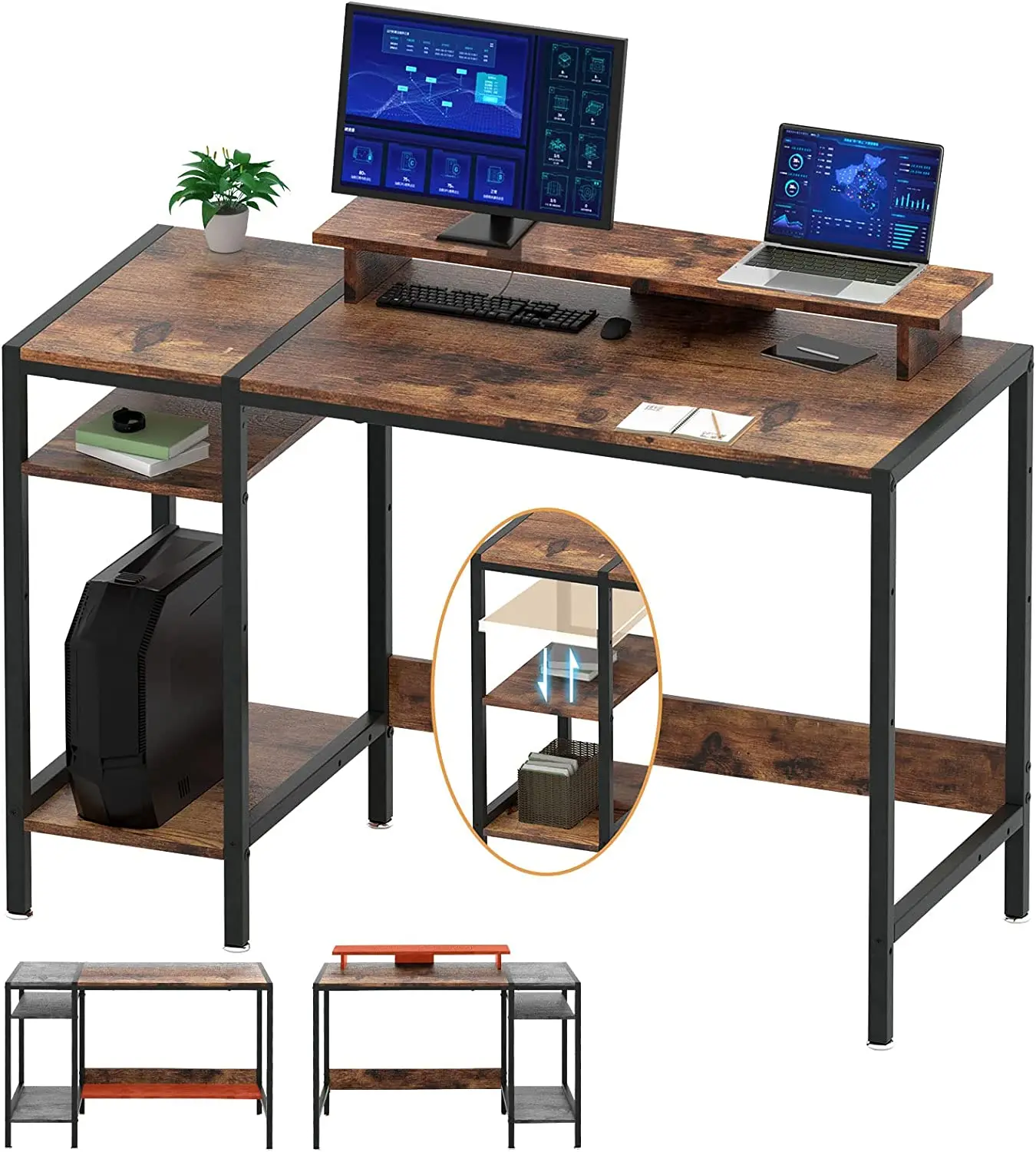 Home Office Desk with Storage Small Desk Stand Rustic Large Corner Writing Computer Desk for 2 Monitors