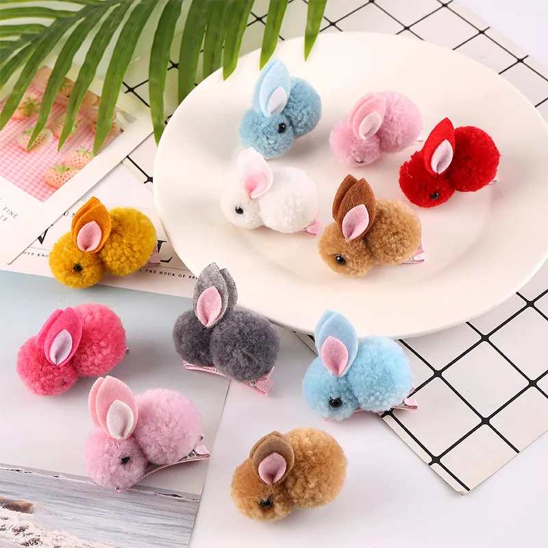 Popular Cute Pompom Plush Cartoon Bunny Girls Hairclip Lovely Stuffed Animal Rabbit Hairpin Hair Clips
