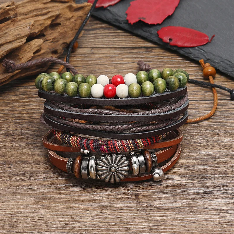 Vintage Woven Leather Bracelet Ethnic Multilayer Handmade genuine Leather Woven Beaded Bracelets