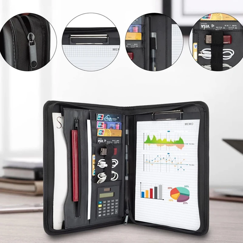 High Quality Custom A4 PU Leather Zippered Padfolio