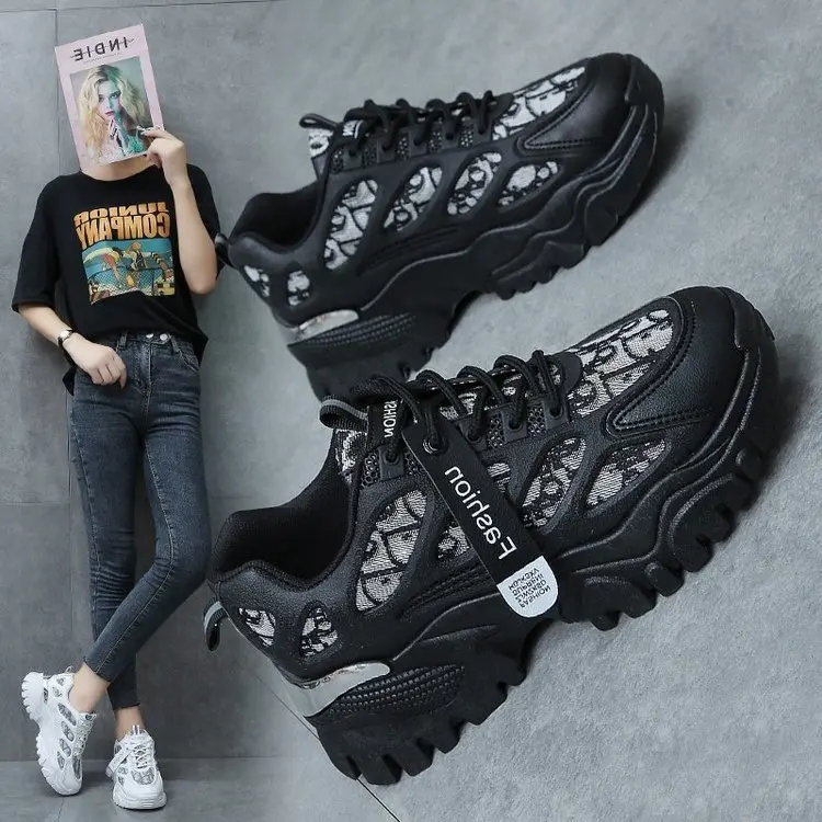 Wholesale fashion ladies girls hight increasing walking style sepatu white casual sport platform chunky sneakers shoes for women