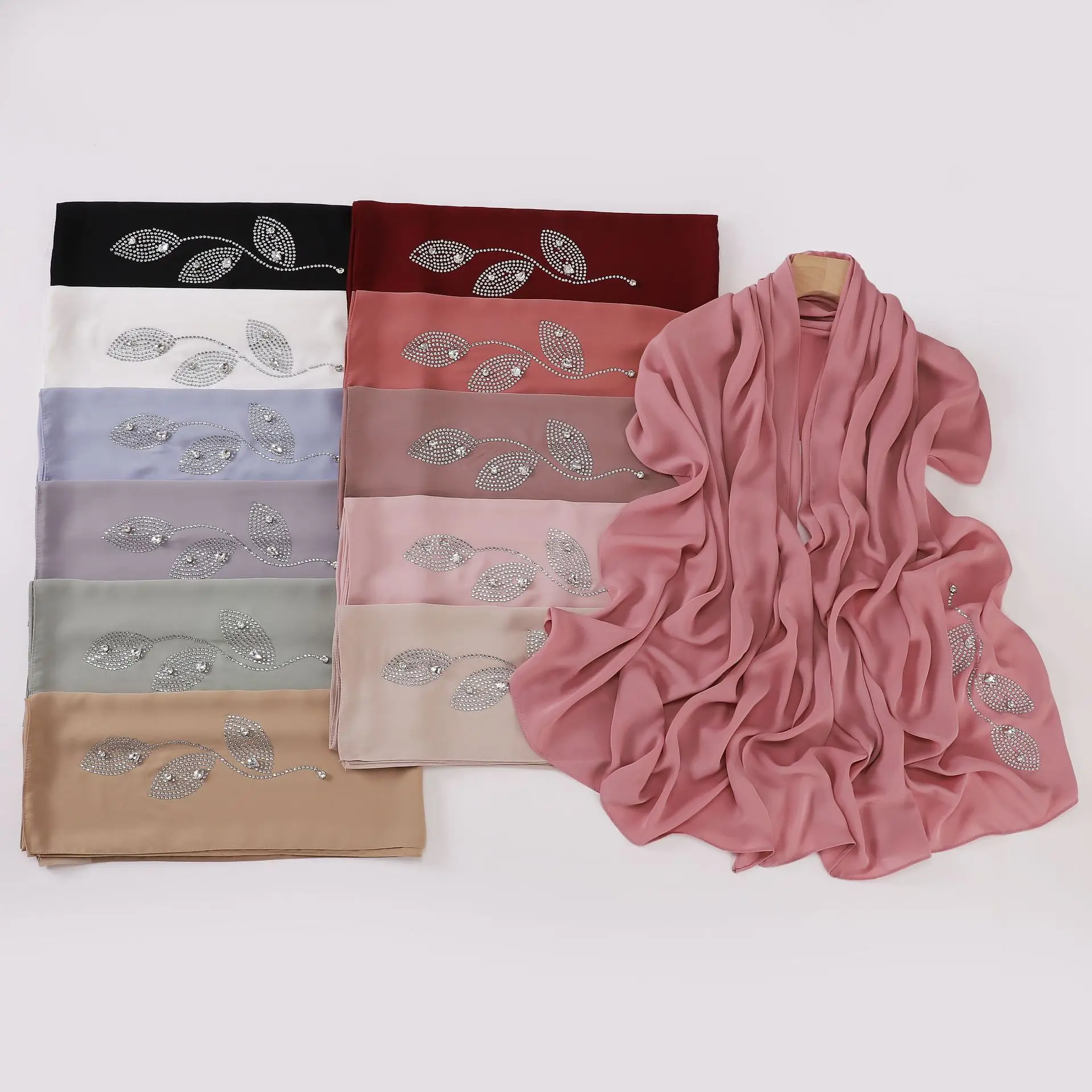 Live Broadcast Cross-Border Filament Silk Shawl Long Hot Drill Sticky Drill Hui Scarf Broken Card Simulation Easy-Wrinkle Malay