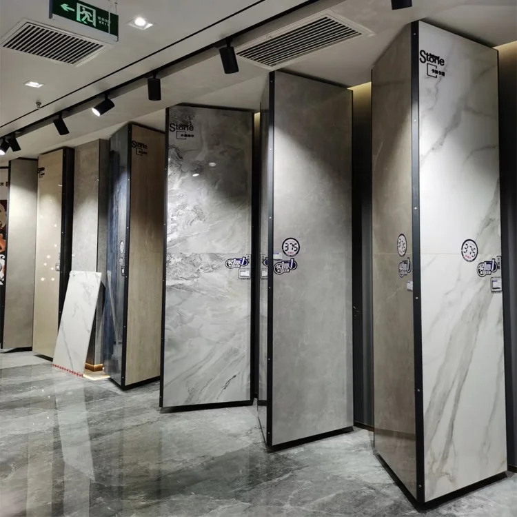 Latest rotating and sliding stone marble stainless display pedestal rack floor stone vertical display rack stand of ceramic tile