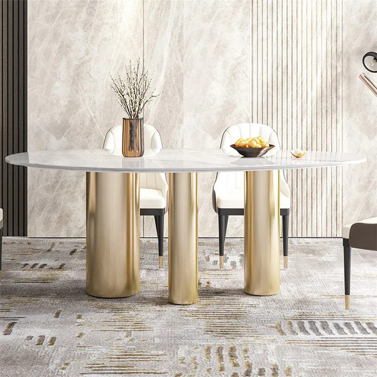 Hot sale white vintage metal household restaurant round marble dinning table with stainless steel base