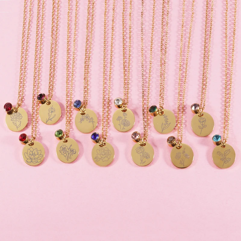 stainless steel zircon stone birthday gift jewelry birthstone birth month flower necklace