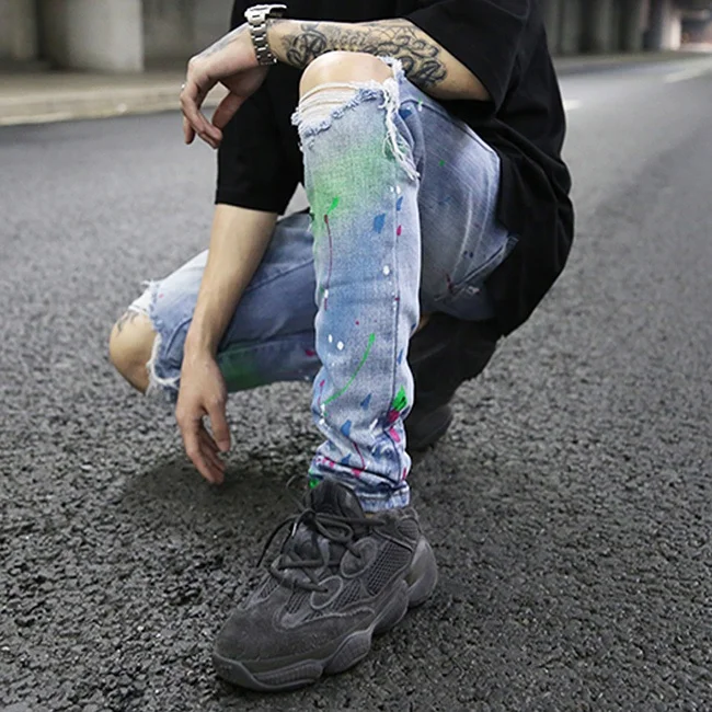 OEM fog vintage splash ink graffiti paint pants skinny jeans men distressed ripped jeans blue casual pants stock dropshipping