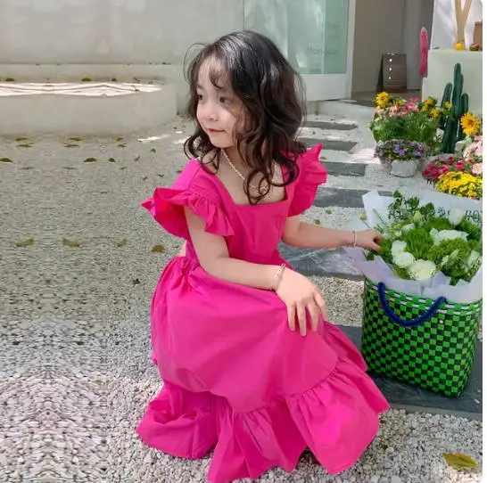 Clothing Dress Summer 2-7year old  Korean version flower edge Open Back Christmas Halloween party Fashionable Girl clothes