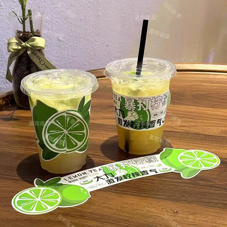 Lemon Pattern Cup Sleeve Insert Card Milk Tea Cup Accept Custom Logo Disposable Waterproof Paper Sleeves