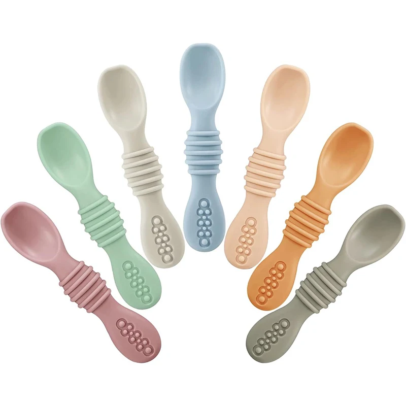 Food Grade Baby First Stage Feeding Utensils Toddler Training Soft Tipped Pre Spoon Set Silicone Baby Spoons Set