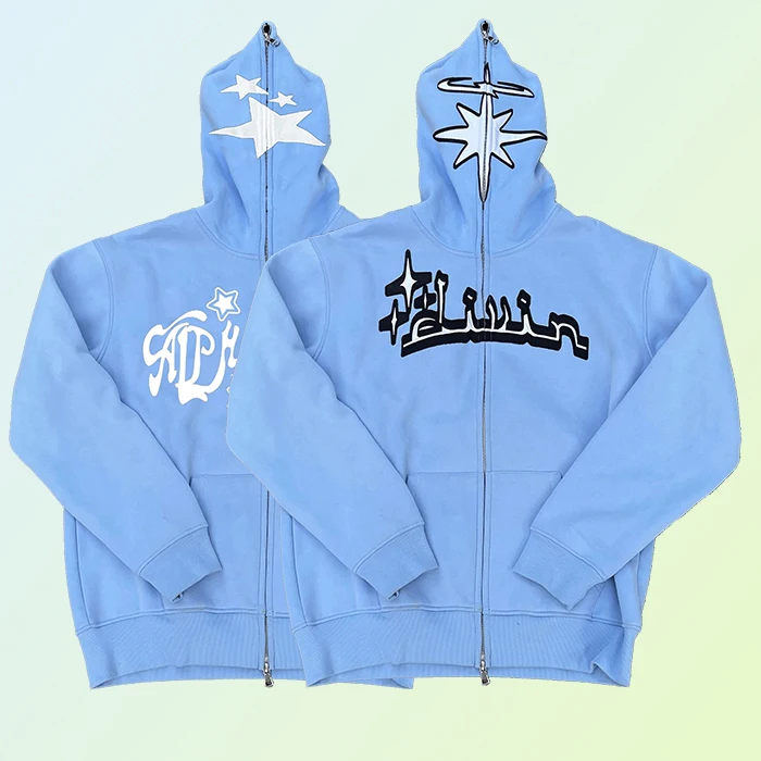 huili clothing factory custom logo screen printed hoodies long sleeve full zip face men full zip up hoodie