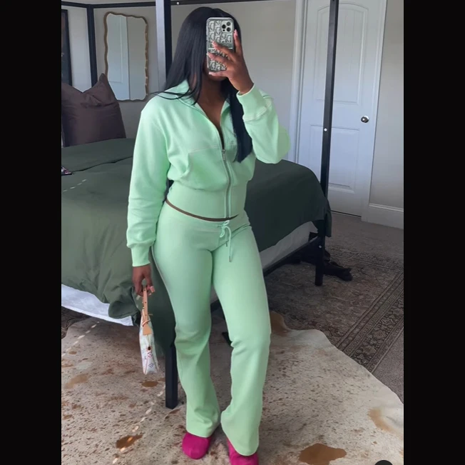 2 Pieces Women Tracksuits Waffle Knit Zipper Sweatshirts With Flared Pants Casual Sweatsuits For Women Workout