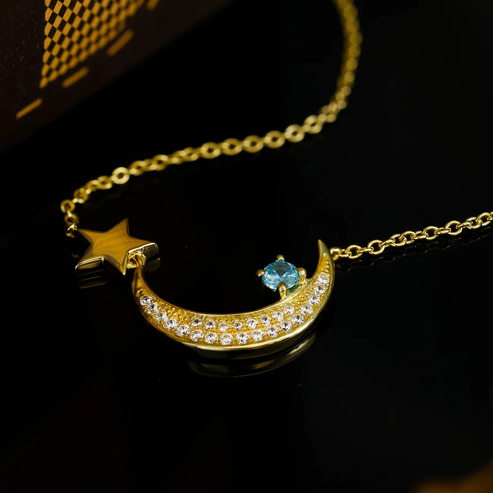 Grace Jewelry Sea Blue Gemstone 925 Sterling Silver Star  Half Moon Crescent Moon Necklace