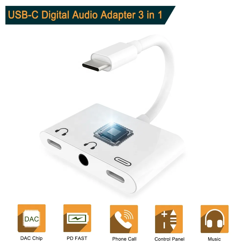 Vnew multifunction 3 in 1 Type C to dual 3.5mm and type C Audio Adapter support PD3A Fast Charger and listening music