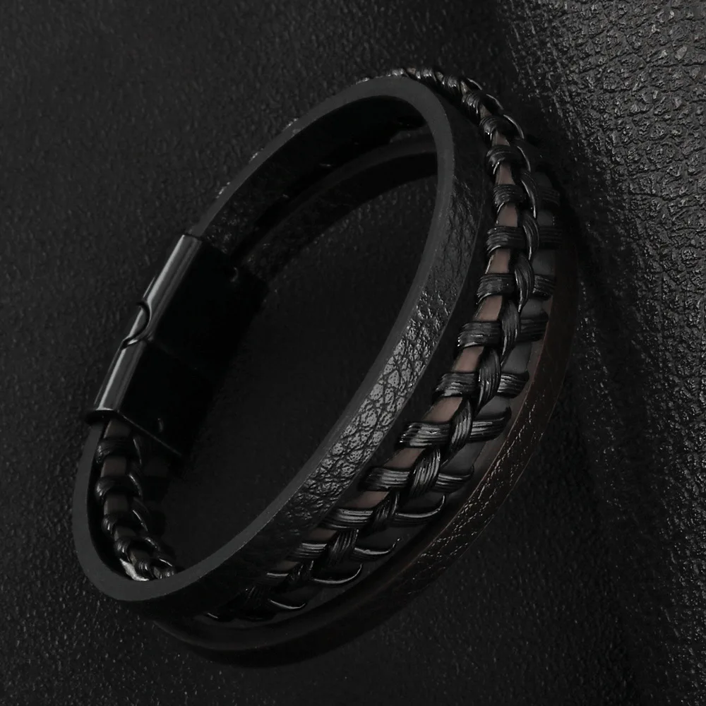 Simple Design Multilayer Braided Woven Wrist Cuff Mens Leather Bracelets with Magnetic Clasp